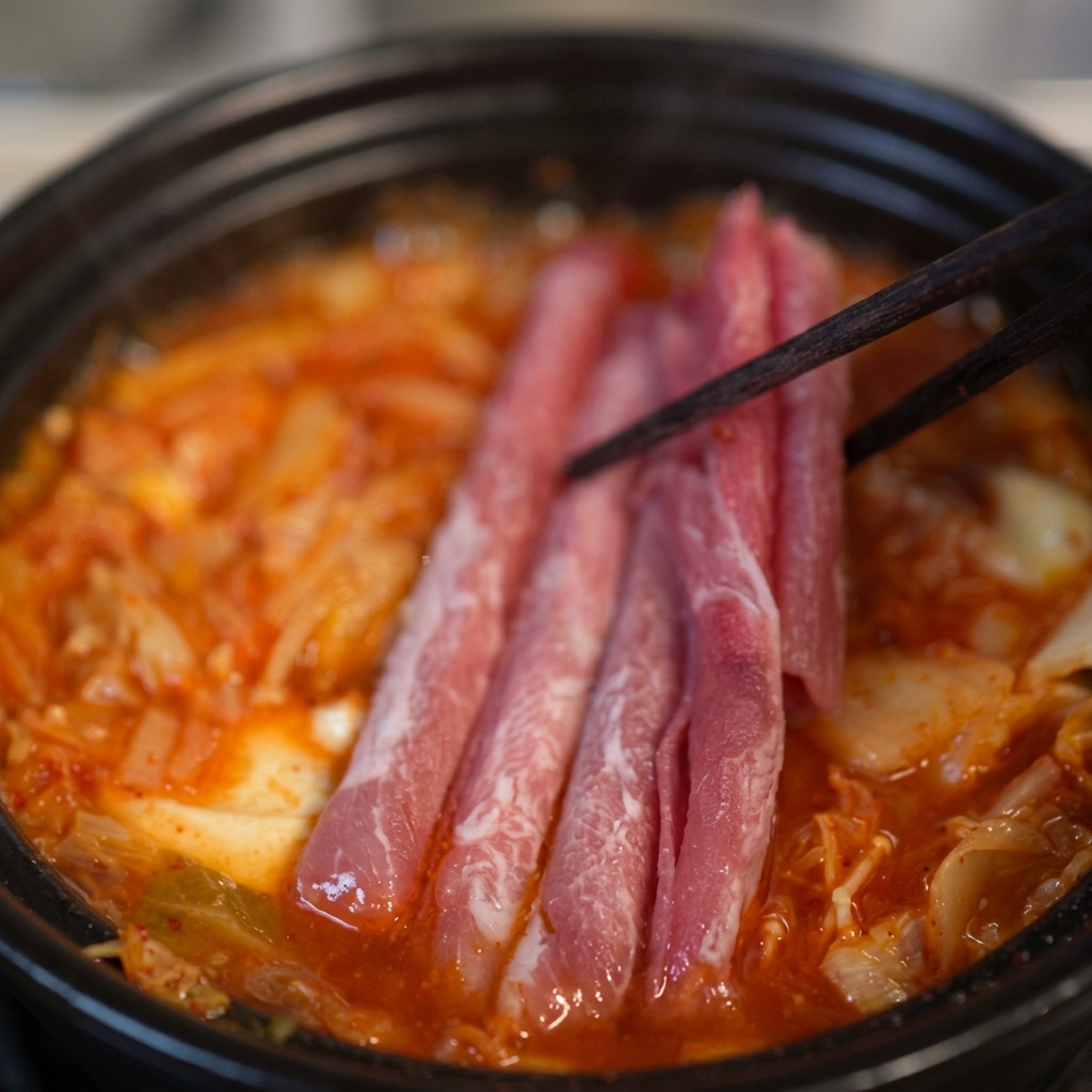 Bacchette che immergono sottili strisce di manzo marezzato nel brodo rosso e bollente della zuppa di kimchi.