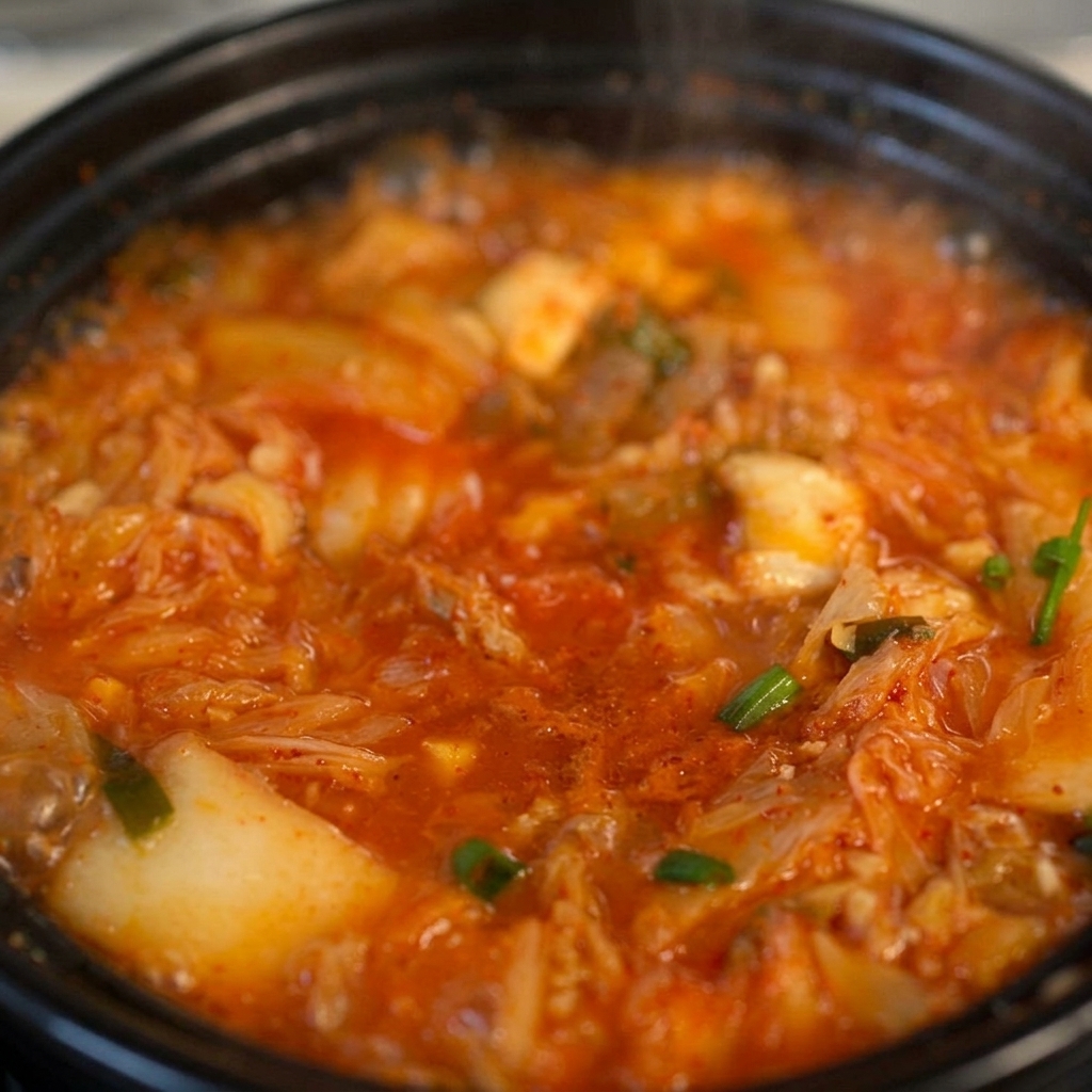 Cipollotti freschi tritati distribuiti sulla superficie della zuppa di kimchi e manzo che bolle nella pentola nera.