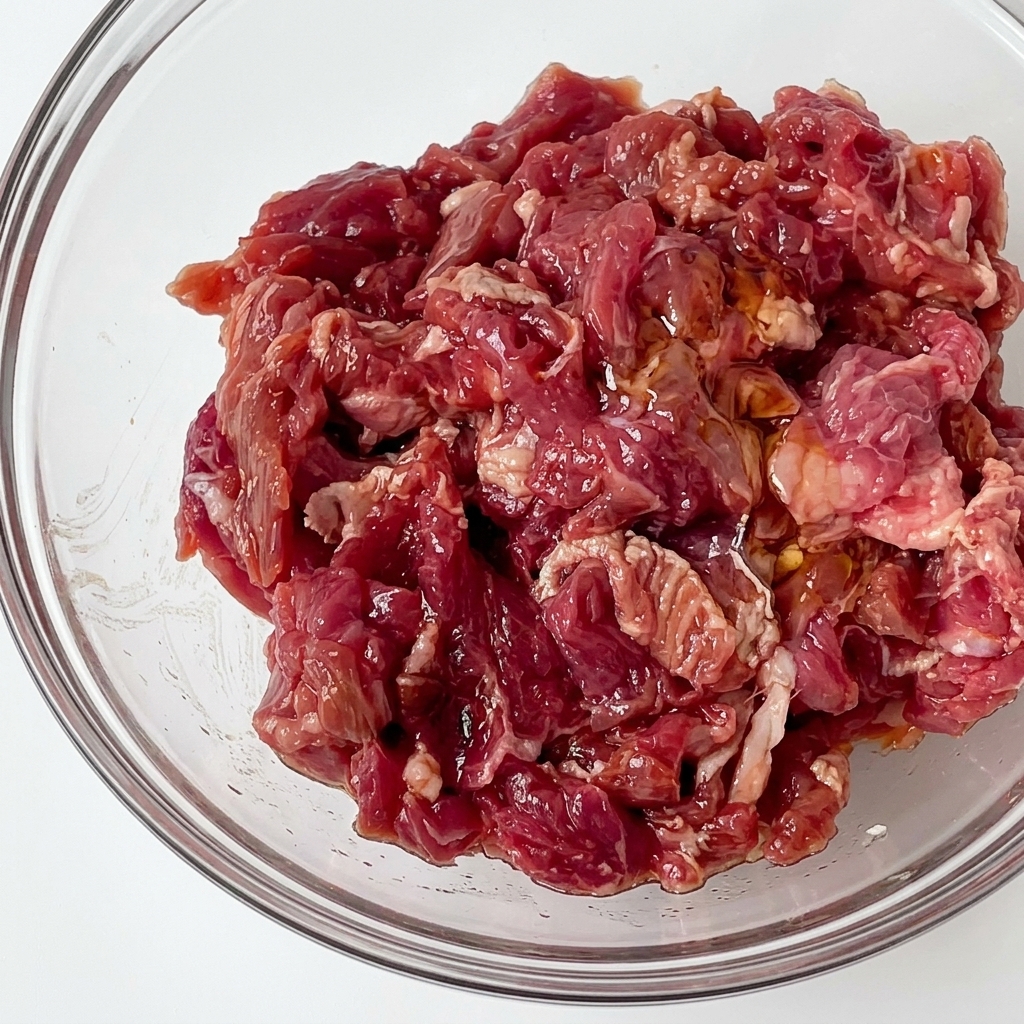 Una ciotola di vetro con manzo crudo condito che brilla con un velo dolio da cucina fresco.