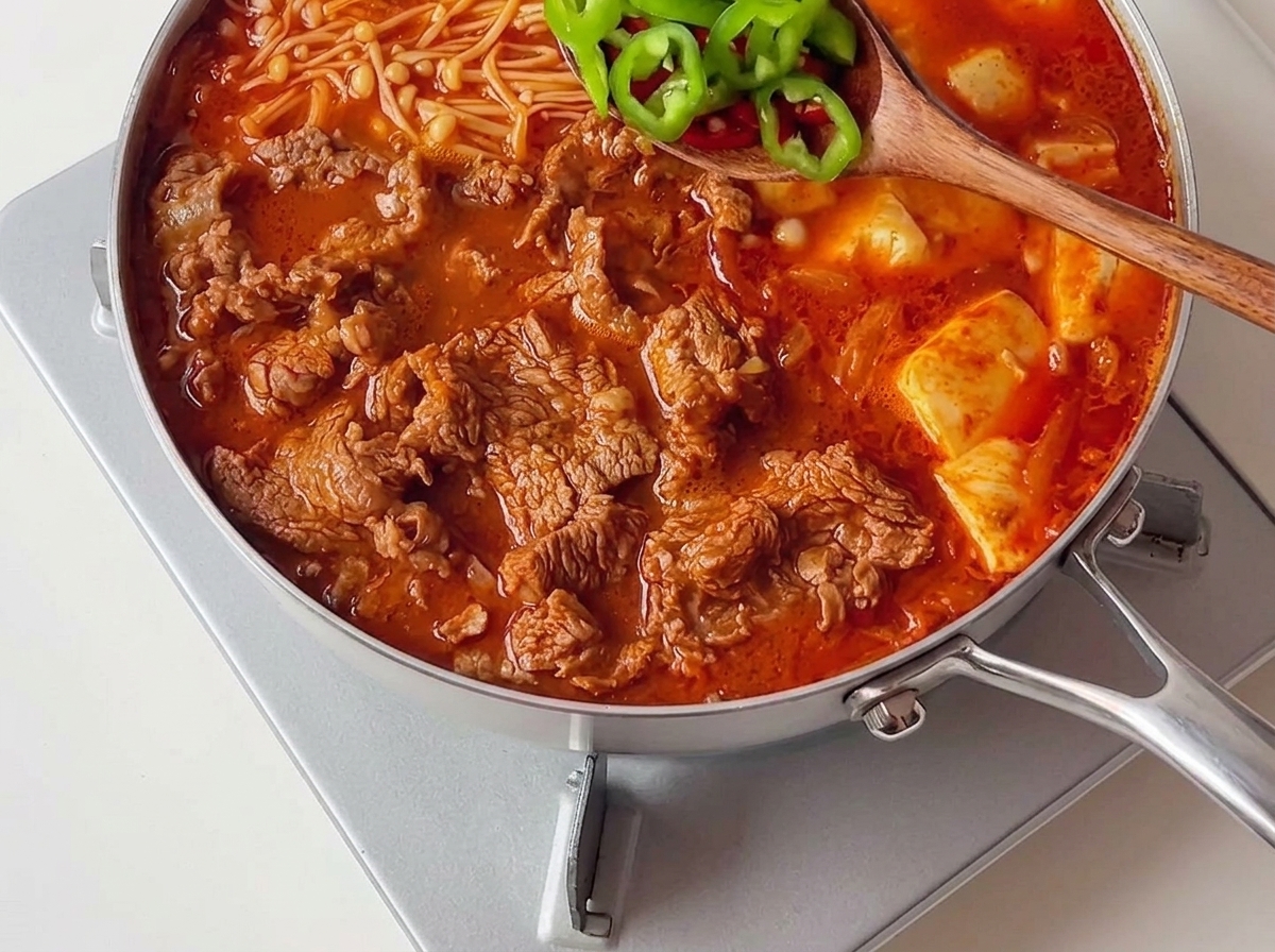 Un cucchiaio di legno che sparge peperoncini verdi e rossi a fette su uno stufato coreano di kimchi e manzo completamente cotto e bollente.