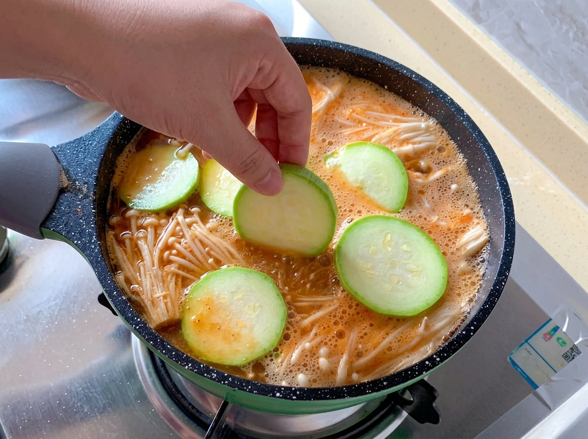 Rondelle di zucchina verde fresca vengono disposte a mano sulla zuppa bollente ricca di funghi enoki.