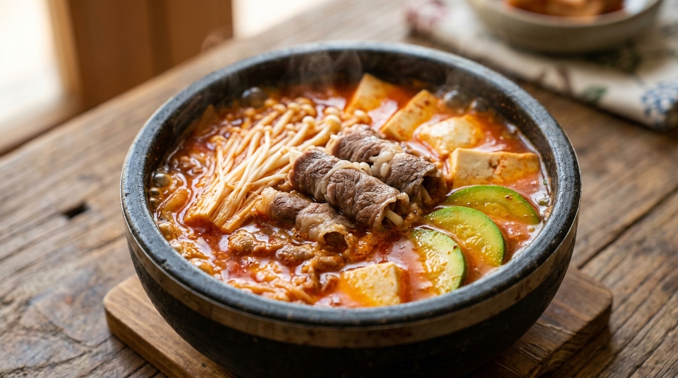 Zuppa coreana classica con kimchi, manzo e tofu