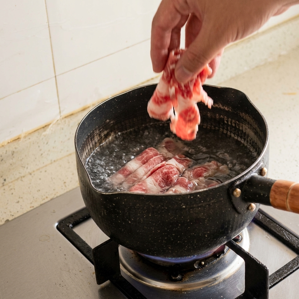 Una mano che tuffa sottili fette di manzo crudo e venato di grasso in una pentola di acqua in piena ebollizione.