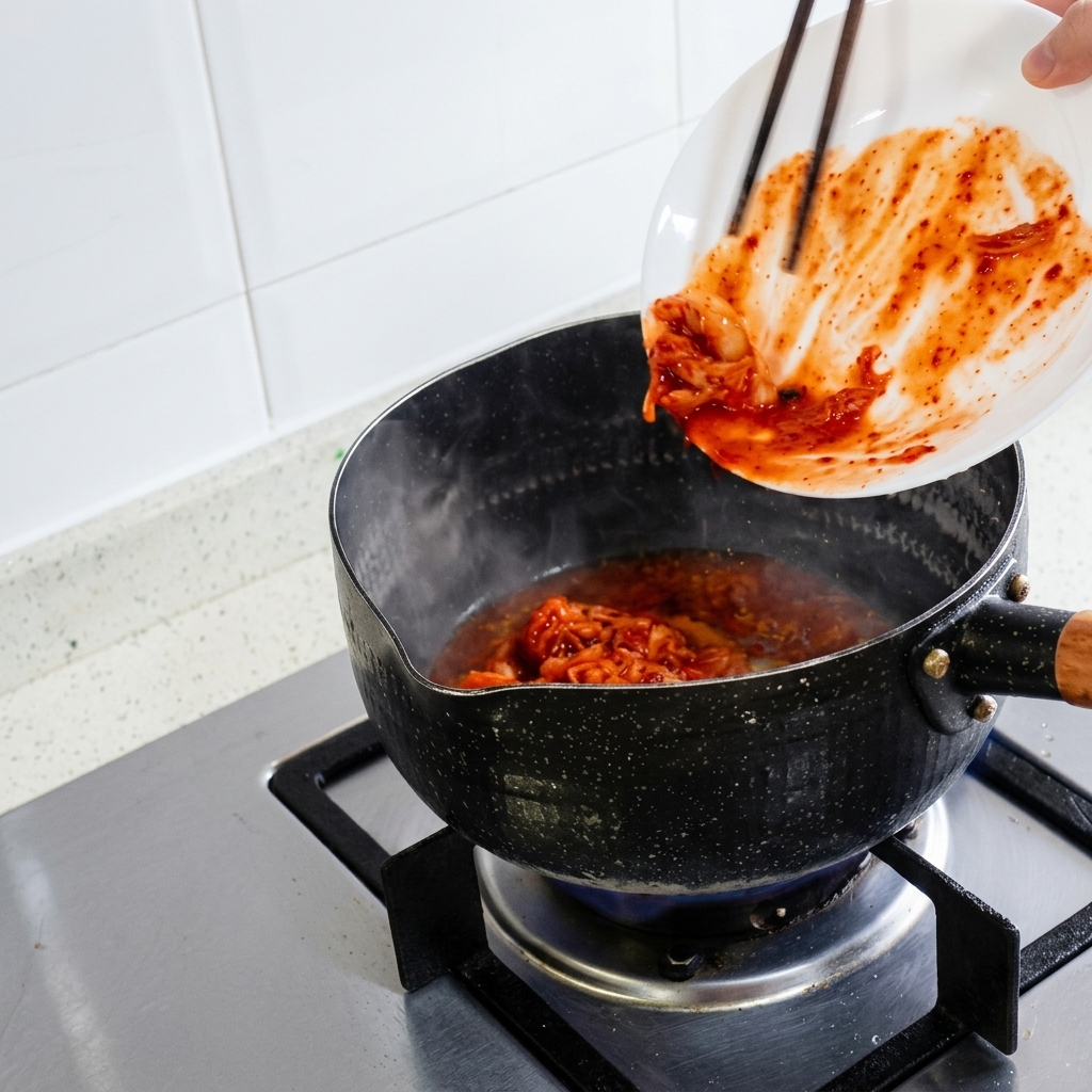 Kimchi tritato fatto scivolare da un piatto bianco in una pentola calda usando delle bacchette.
