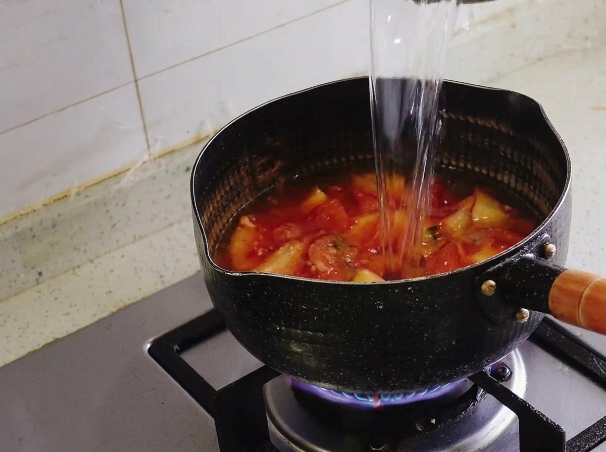 Un flusso di acqua limpida versato in una pentola nera contenente kimchi rosso saltato.