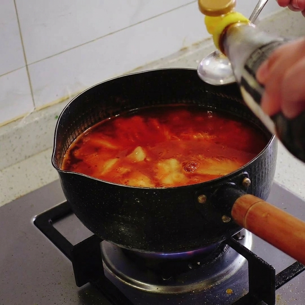 Liquido di condimento versato da una bottiglia in un cucchiaio sopra una pentola di zuppa di kimchi rossa che sobbolle.