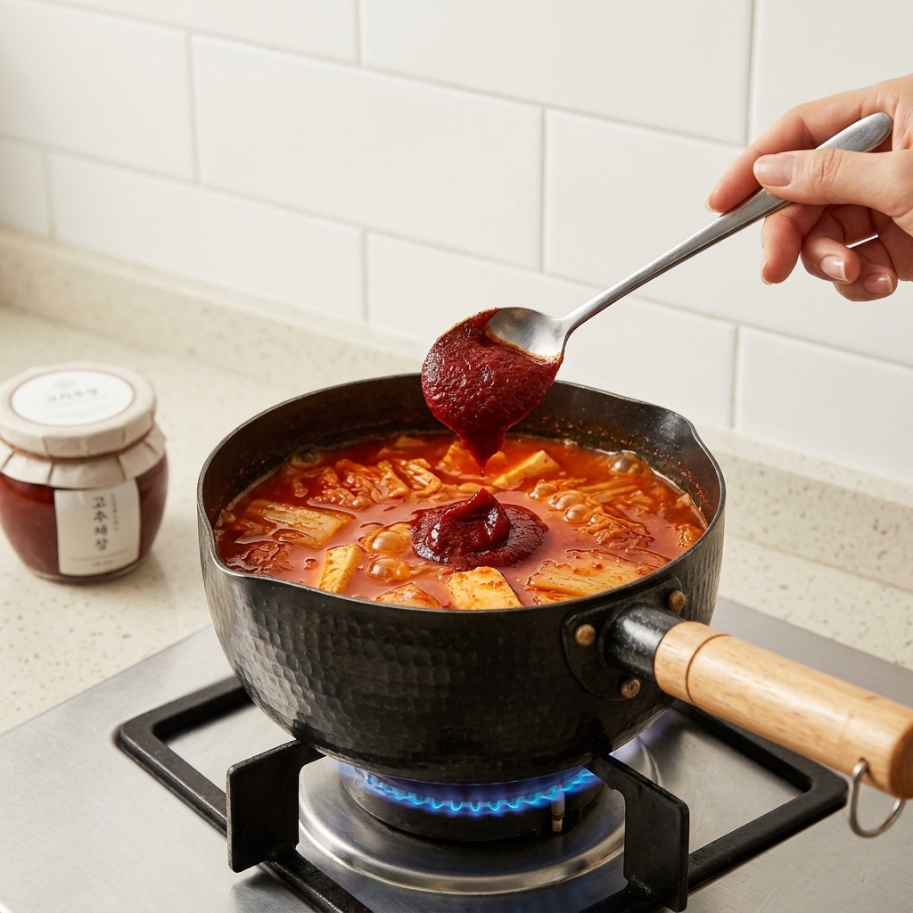 Una mano che aggiunge un generoso cucchiaio di densa pasta di peperoncino coreana rossa in una pentola di zuppa bollente sul fuoco.