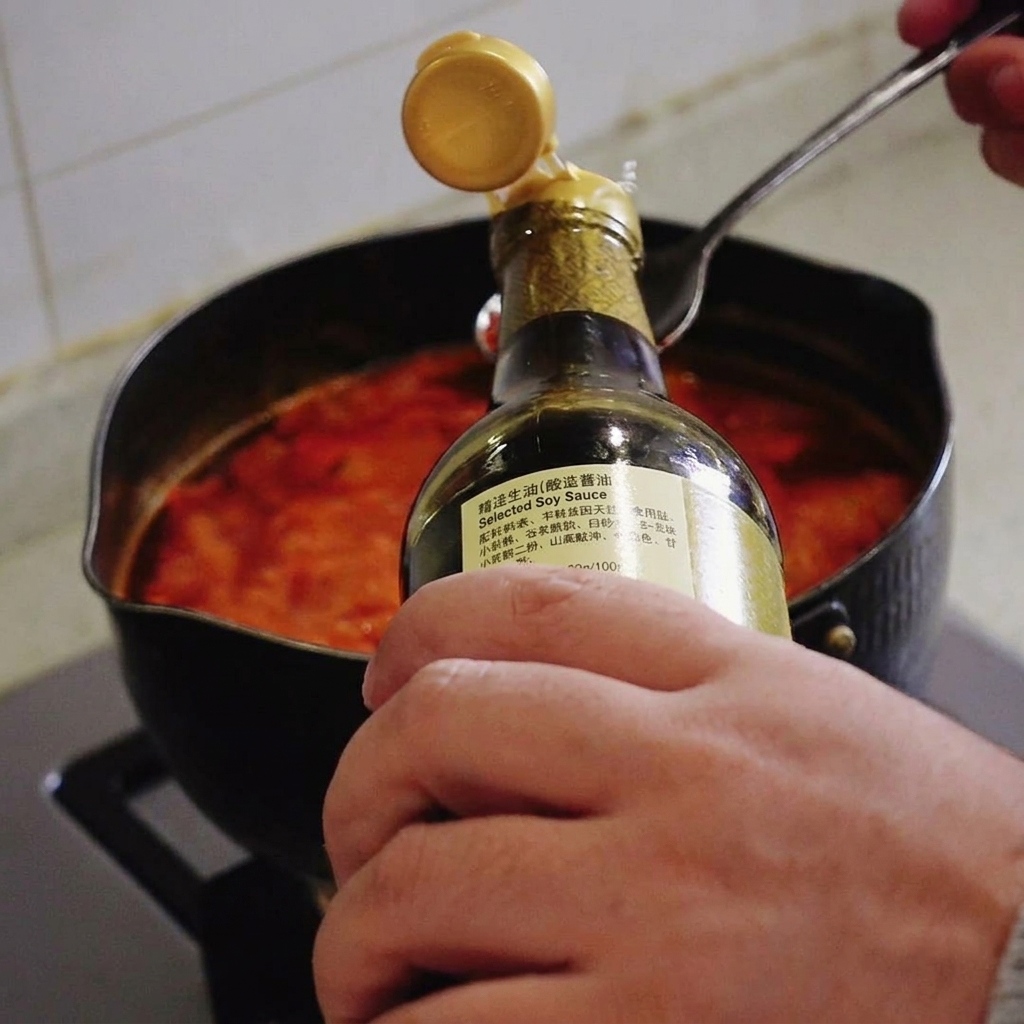 Una mano che versa salsa di soia chiara da una bottiglia in un cucchiaio di metallo sopra una pentola di zuppa rossa che sobbolle.