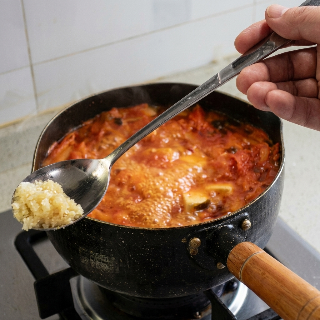 Un cucchiaio di metallo con una montagnola di pasta daglio tritato sopra una pentola di zuppa di kimchi rossa in ebollizione.