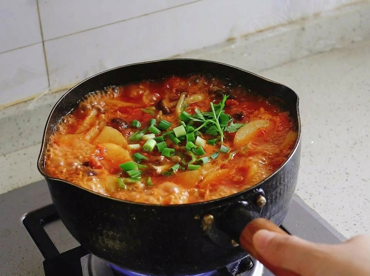 Cipollotti freschi tritati sparsi su una pentola di zuppa di kimchi rossa spumeggiante con tofu e carne.