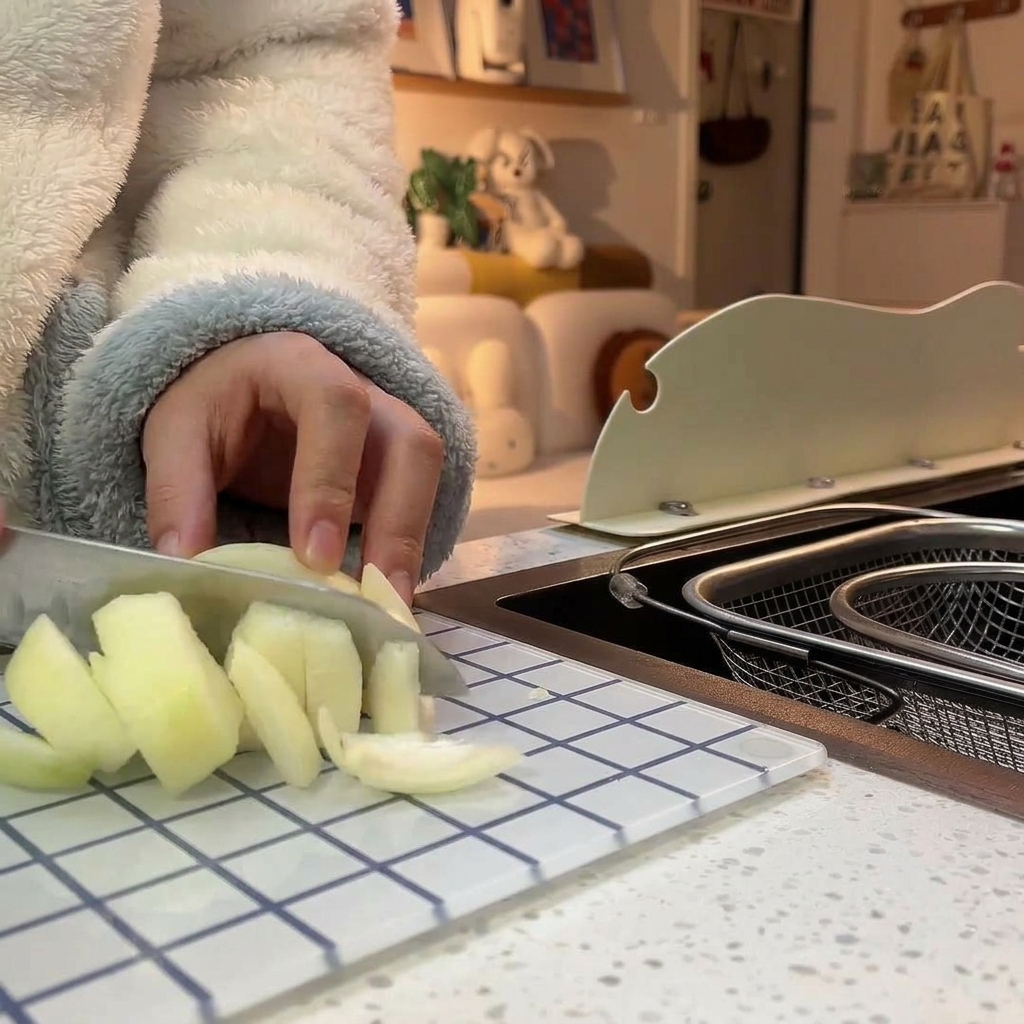 Una persona con una giacca soffice affetta una cipolla bianca su un tagliere di vetro a quadretti.