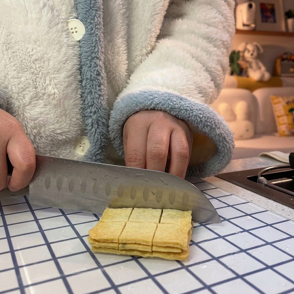 Un grosso coltello taglia un foglio giallo di torta di pesce in pezzi quadrati a misura di boccone su un tagliere.