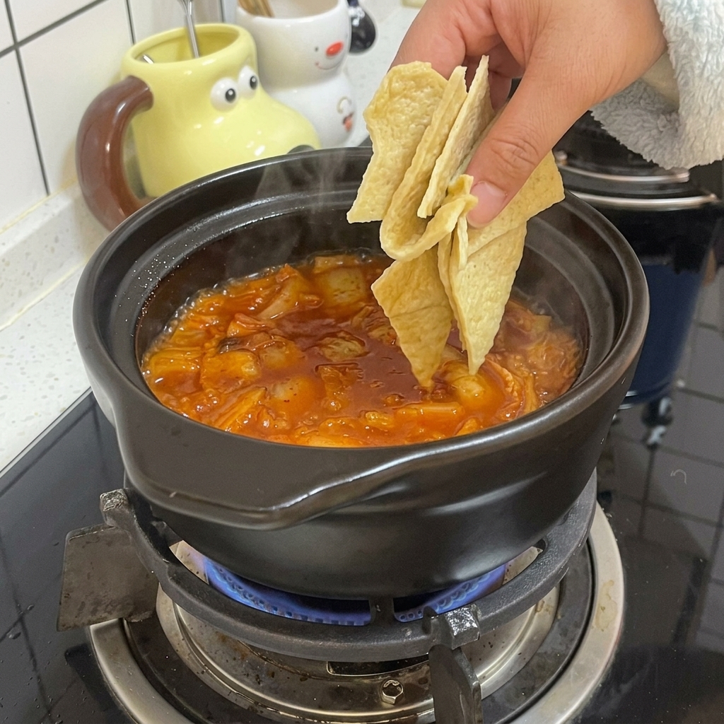 Una mano aggiunge pezzi triangolari di torta di pesce in uno stufato rosso che sobbolle in una pentola di terracotta nera.
