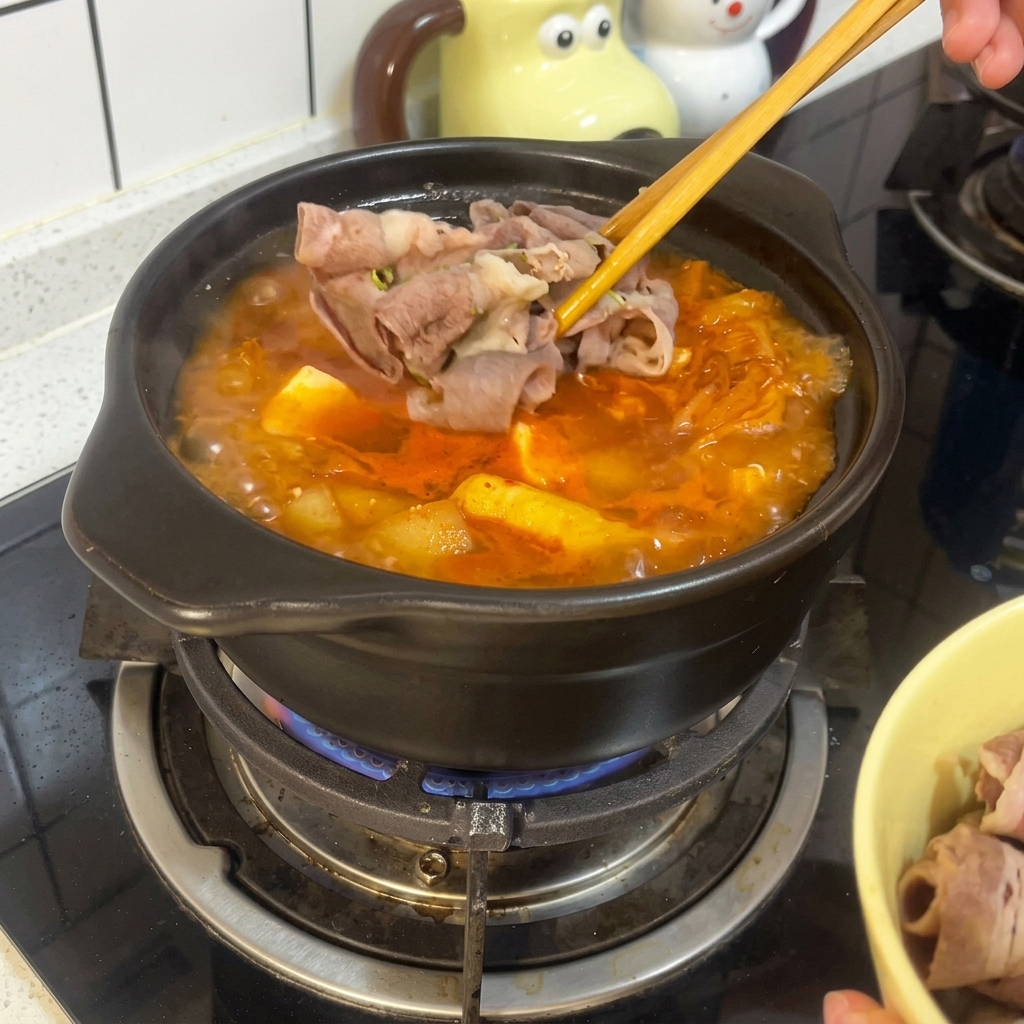 Bacchette posizionano gli involtini di manzo sbollentati sopra lo stufato piccante di tofu e kimchi in una pentola di terracotta.