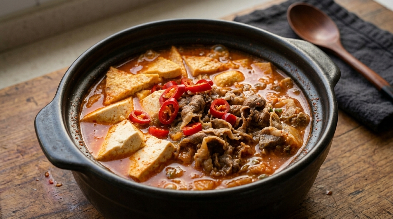 Zuppa Coreana Piccante con Kimchi, Manzo e Tofu Morbido (Kimchi Jjigae)