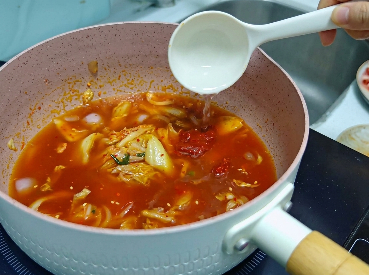 Un mestolo bianco che versa acqua limpida in una padella rosa piena di brodo di zuppa di kimchi rosso che sobbolle.