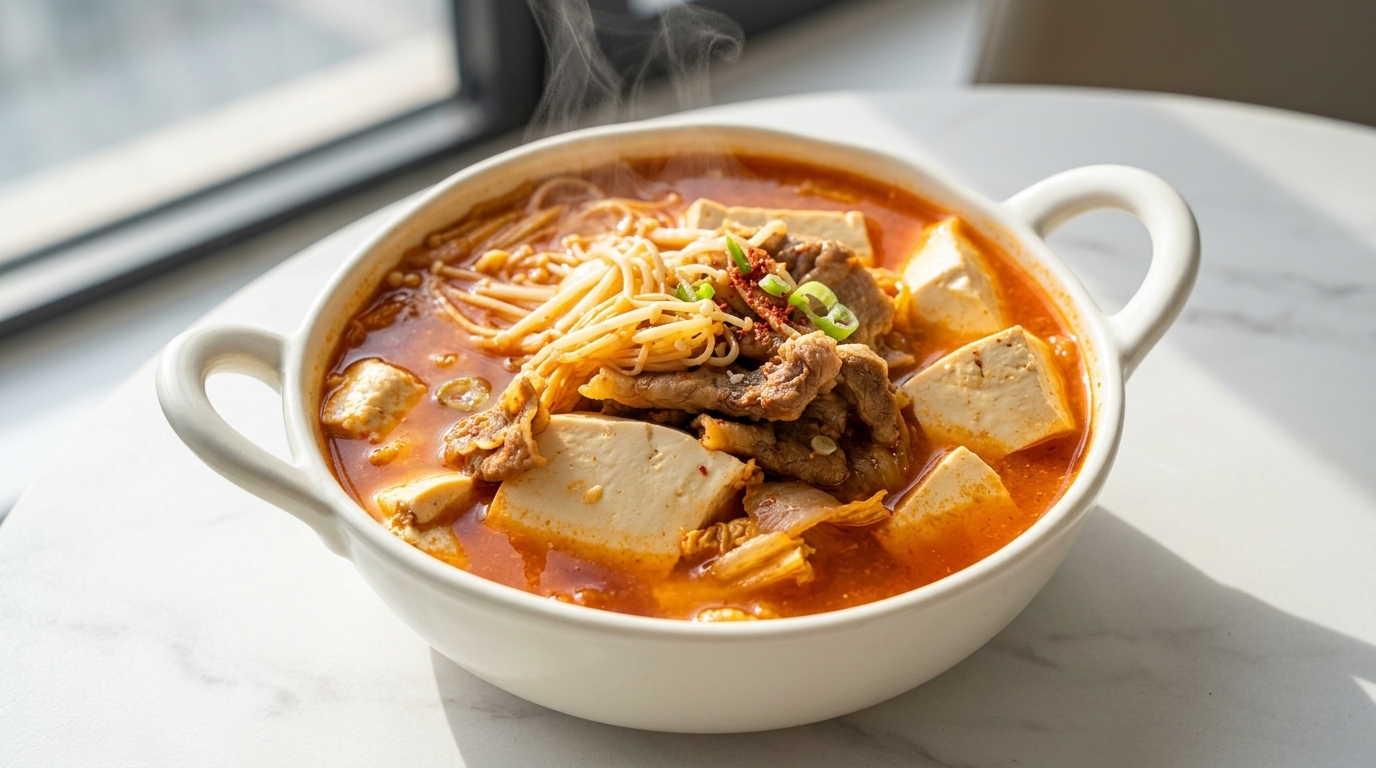 Zuppa Coreana Piccante con Kimchi, Manzo e Tofu