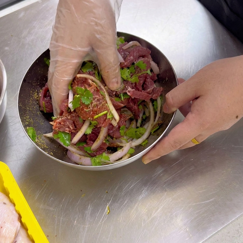 Una mano con un guanto di plastica trasparente mescola fette di manzo crudo con cipolle, coriandolo e spezie al cumino in una ciotola di acciaio inossidabile.