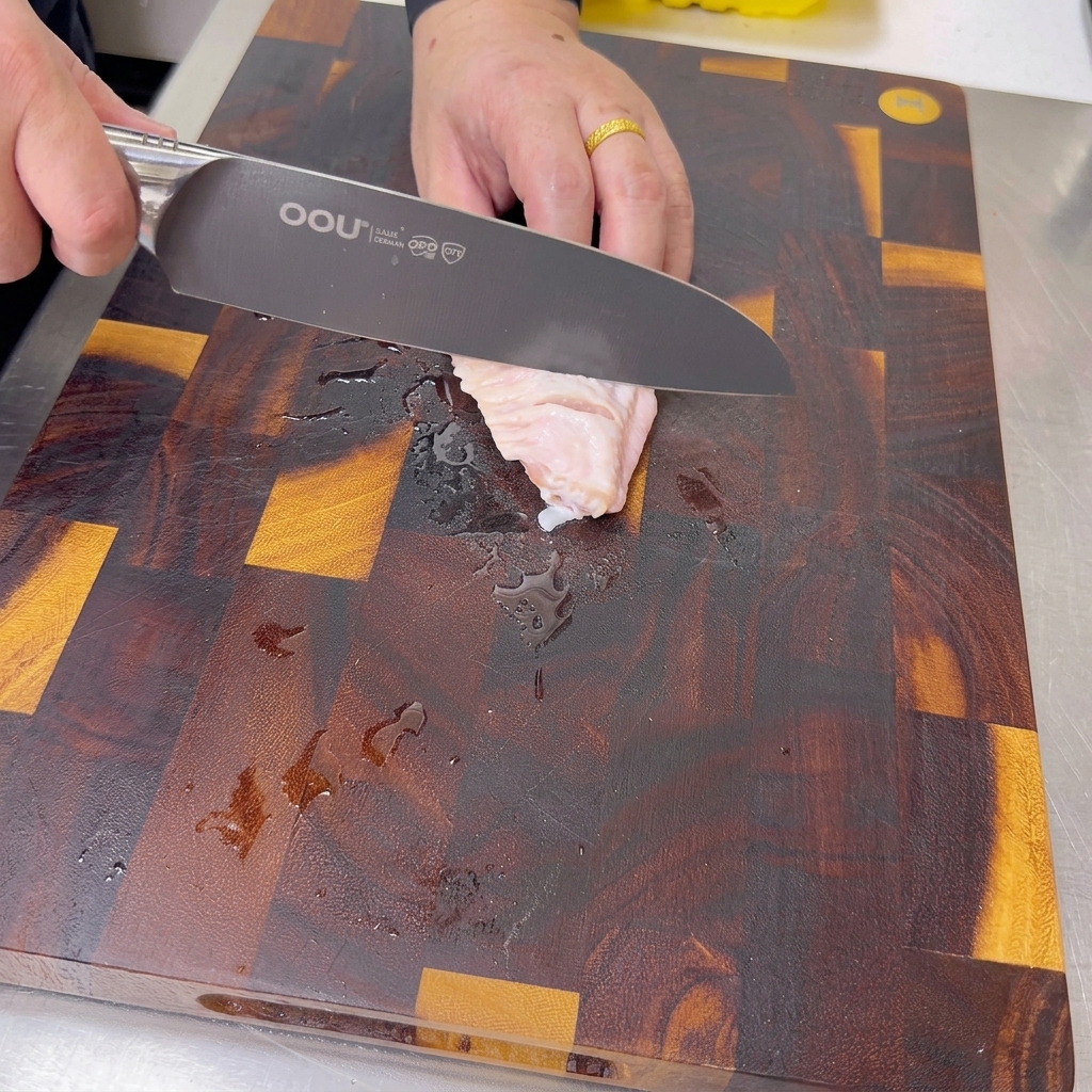 Un coltello affilato pratica piccoli tagli diagonali su unala di pollo cruda posizionata su un tagliere di legno scuro.
