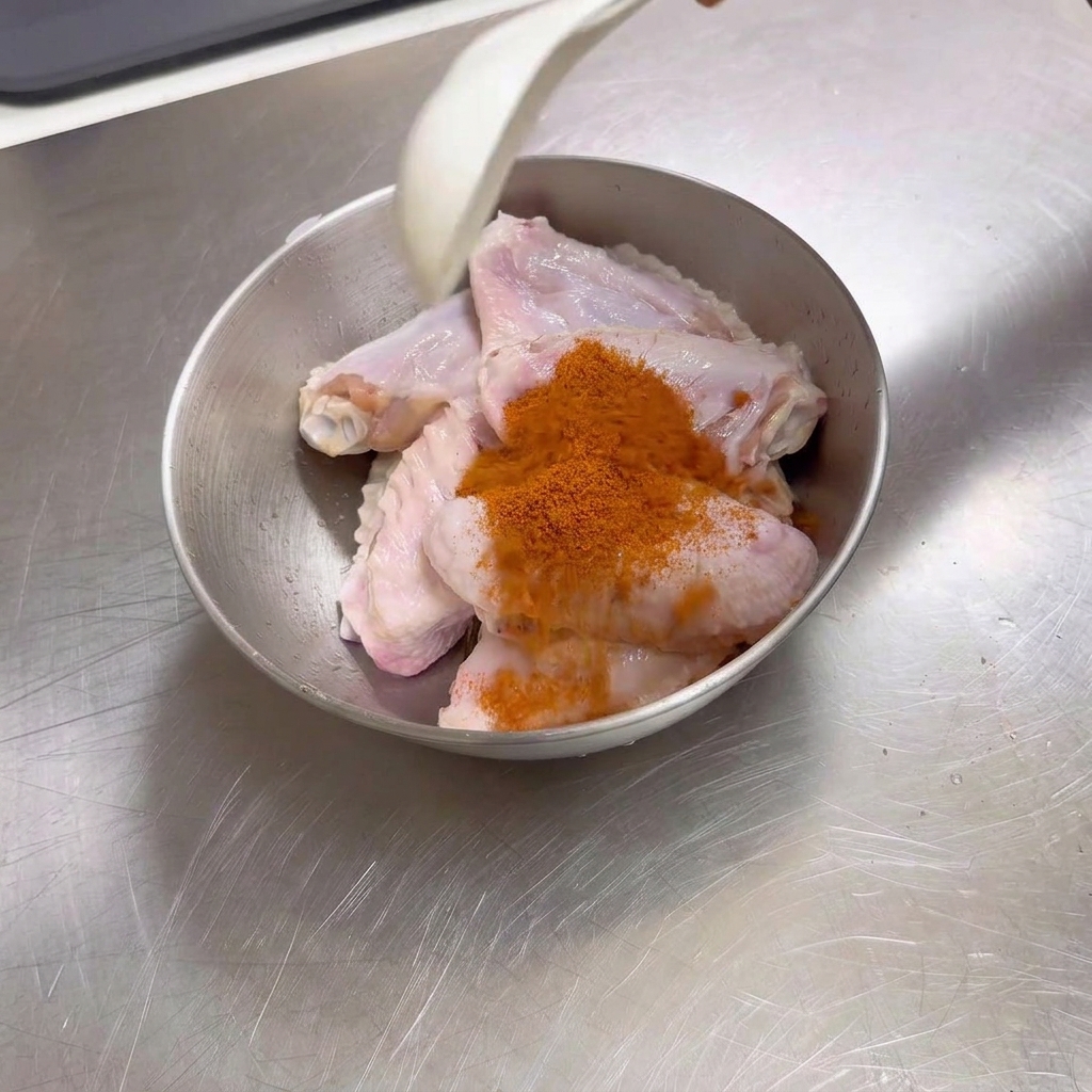 Polvere per condimento Orleans dal colore arancione brillante distribuita sopra ali di pollo crude in una ciotola di metallo, con un cucchiaio bianco sopra.