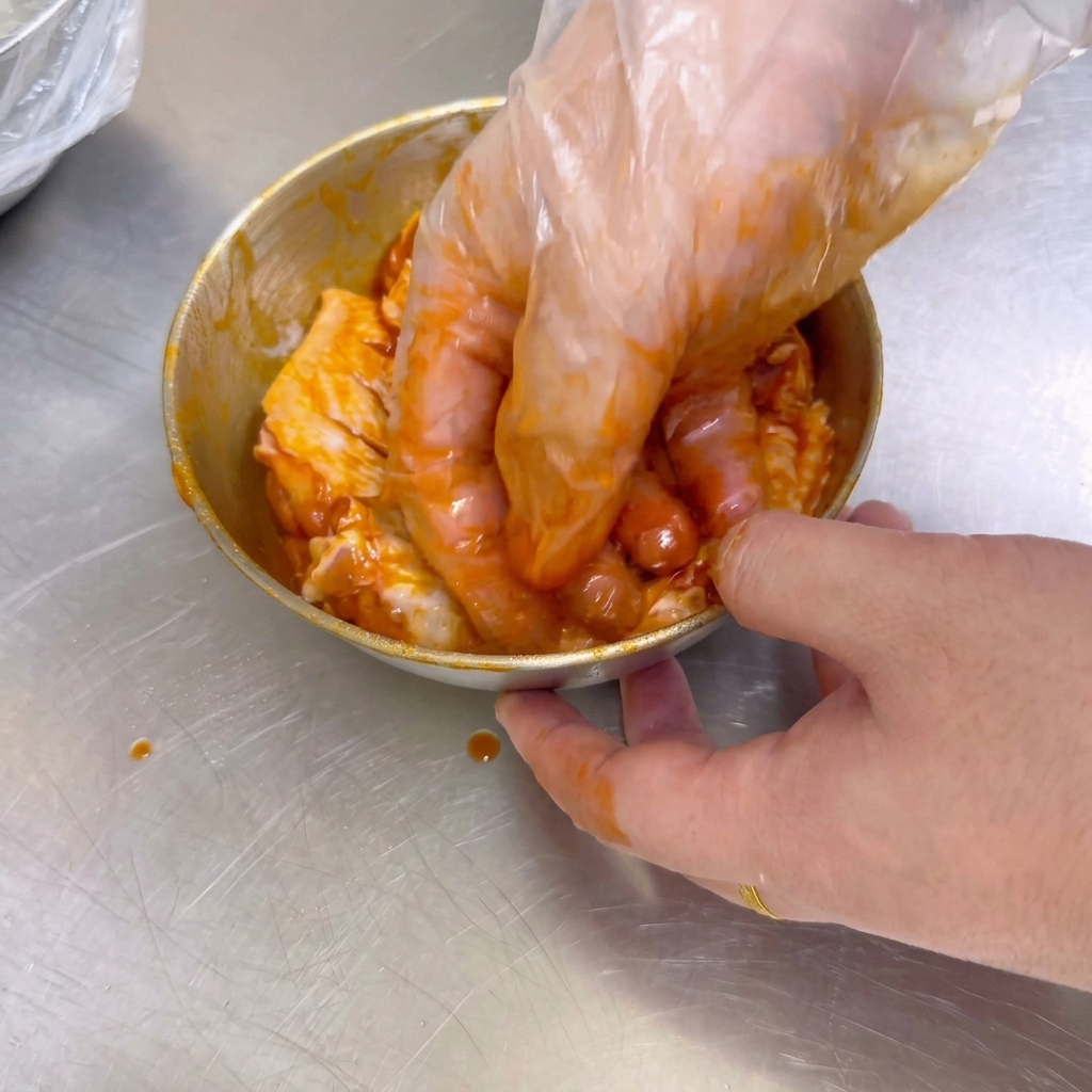 Una mano guantata mescola accuratamente le ali di pollo crude con una pasta per marinata Orleans arancione brillante in una ciotola di metallo.