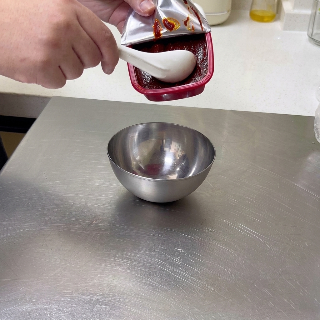 Un cucchiaio di ceramica bianca raccoglie della densa pasta di peperoncino rosso dal suo contenitore per metterla in una piccola ciotola di acciaio inossidabile.