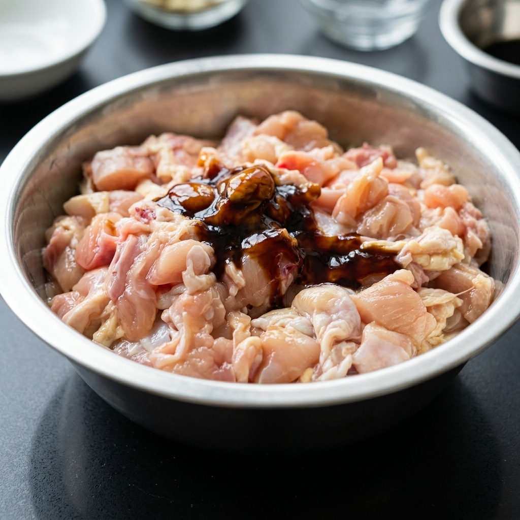 Pezzi di sovracosce di pollo crude in una ciotola dacciaio conditi con un cucchiaio di salsa di soia chiara e densa salsa dostriche.