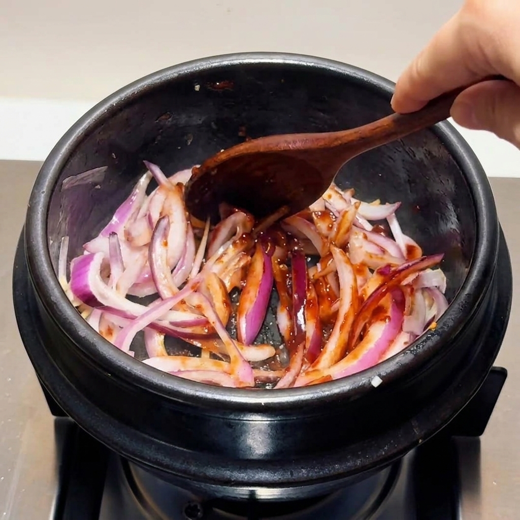 Fette di cipolla rossa completamente avvolte da una salsa di peperoncino coreana rosso scuro, mescolate con un cucchiaio di legno in una pentola di pietra nera.