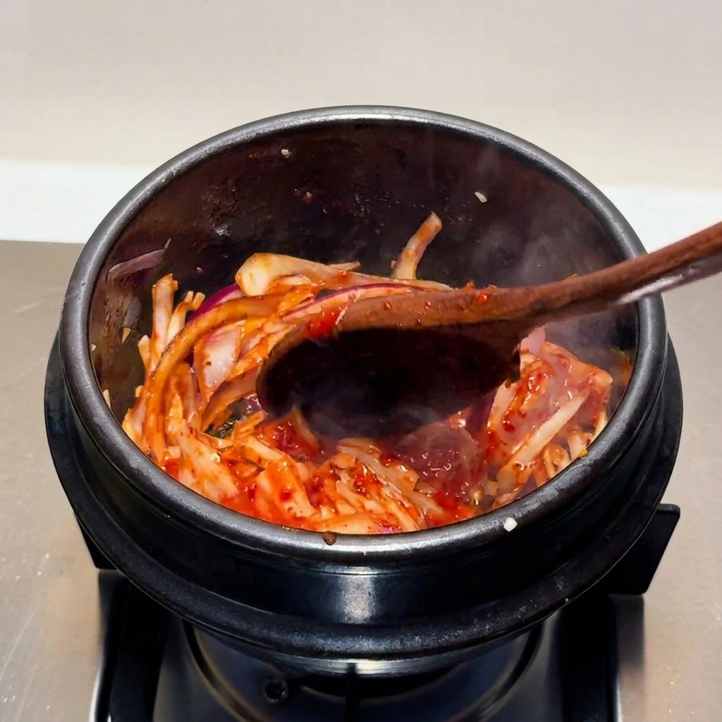 Kimchi aspro e cipolle rosse saltati attivamente insieme con un cucchiaio di legno in una pentola di pietra fumante.