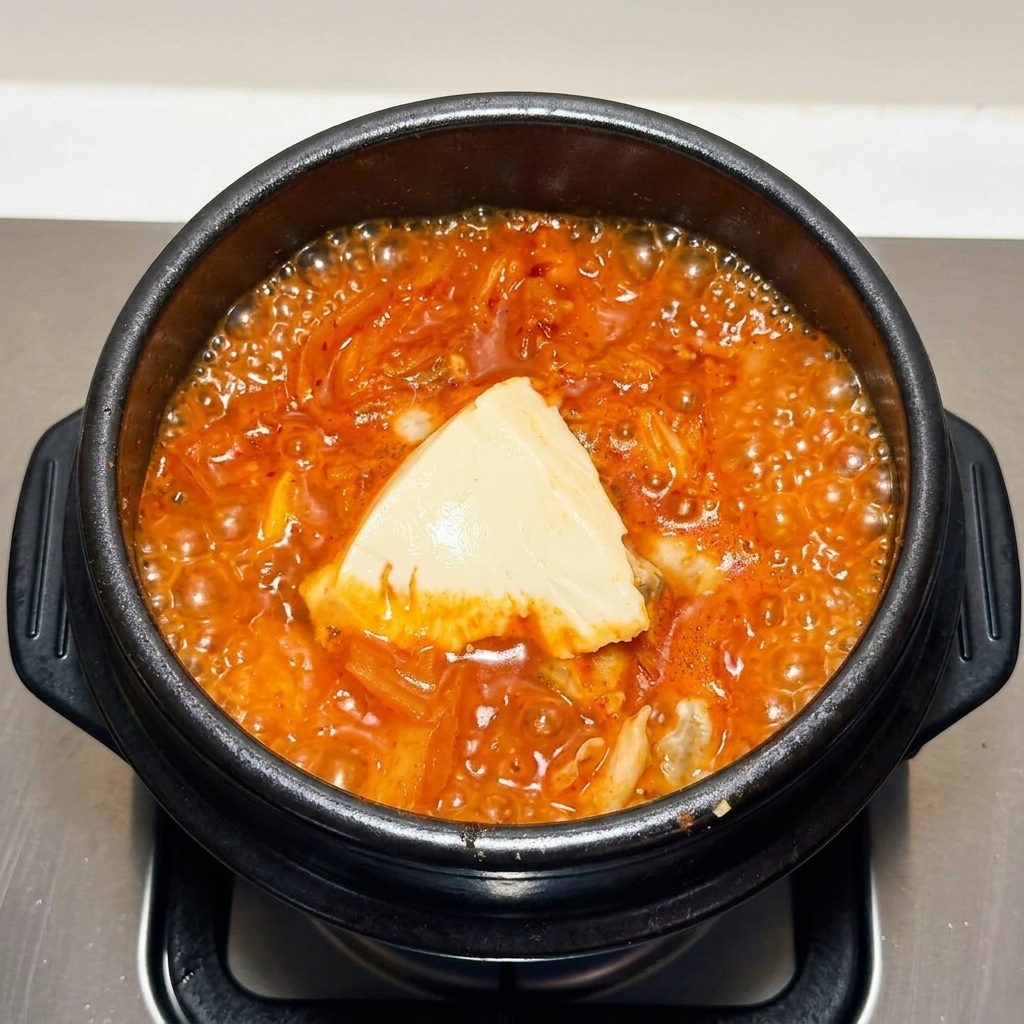 Un grande pezzo di tofu morbido, liscio e bianco, adagiato al centro di una zuppa di mare al kimchi rossa e spumeggiante.