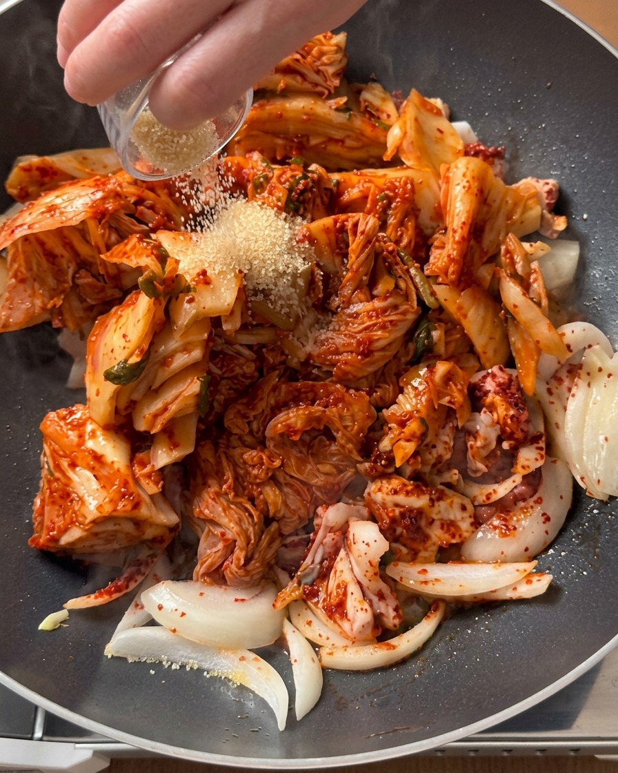 Zucchero di canna grezzo spolverato da una ciotolina sopra una miscela di kimchi e maiale in padella.