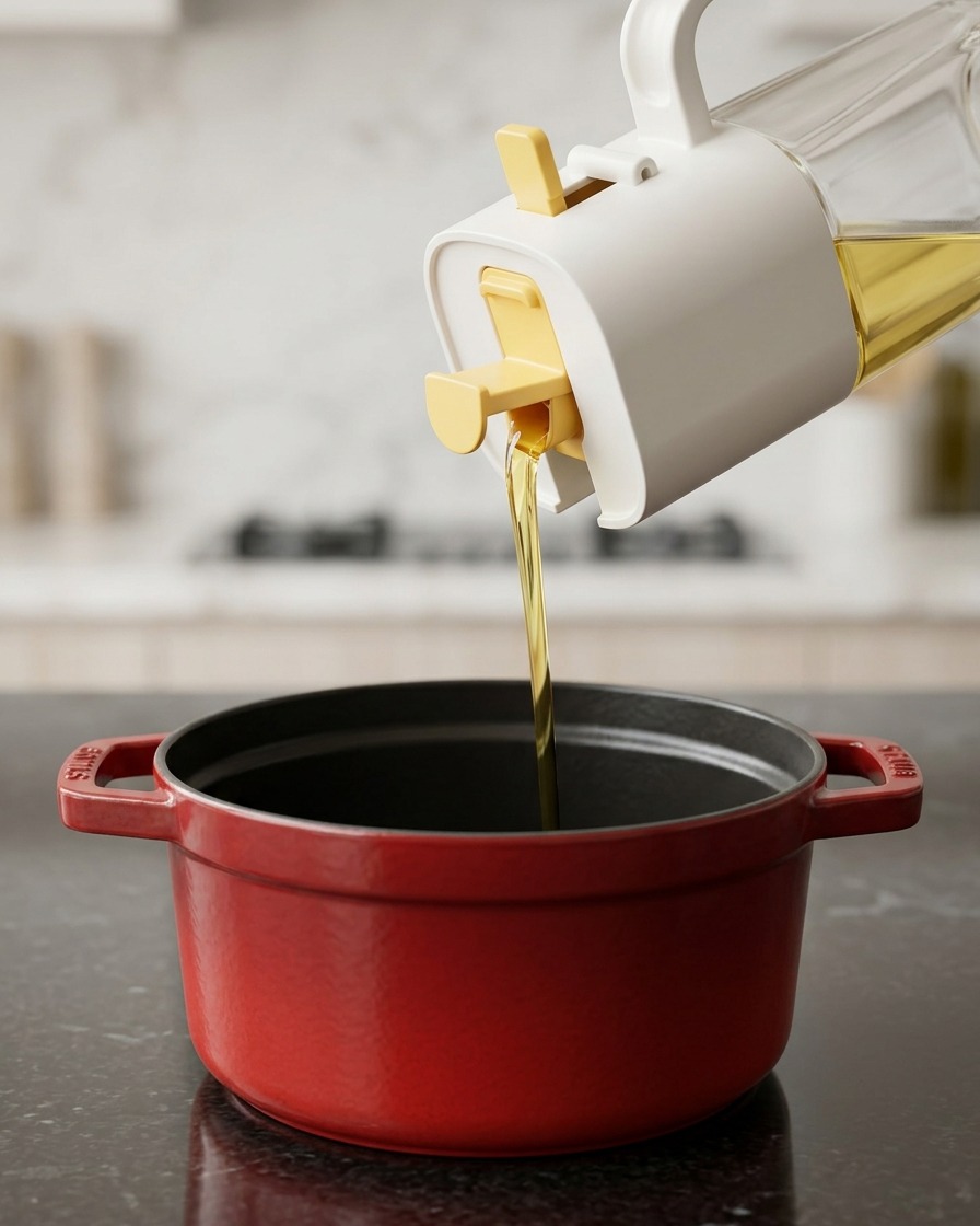 Versare olio da cucina giallo da un dispenser in una pentola rossa sul fuoco.