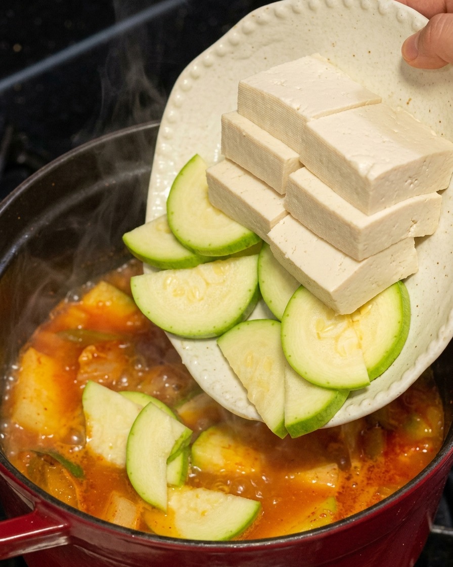 Fette rettangolari di tofu e mezze lune di zucchina verde versate da un piatto nel brodo rosso di kimchi bollente.