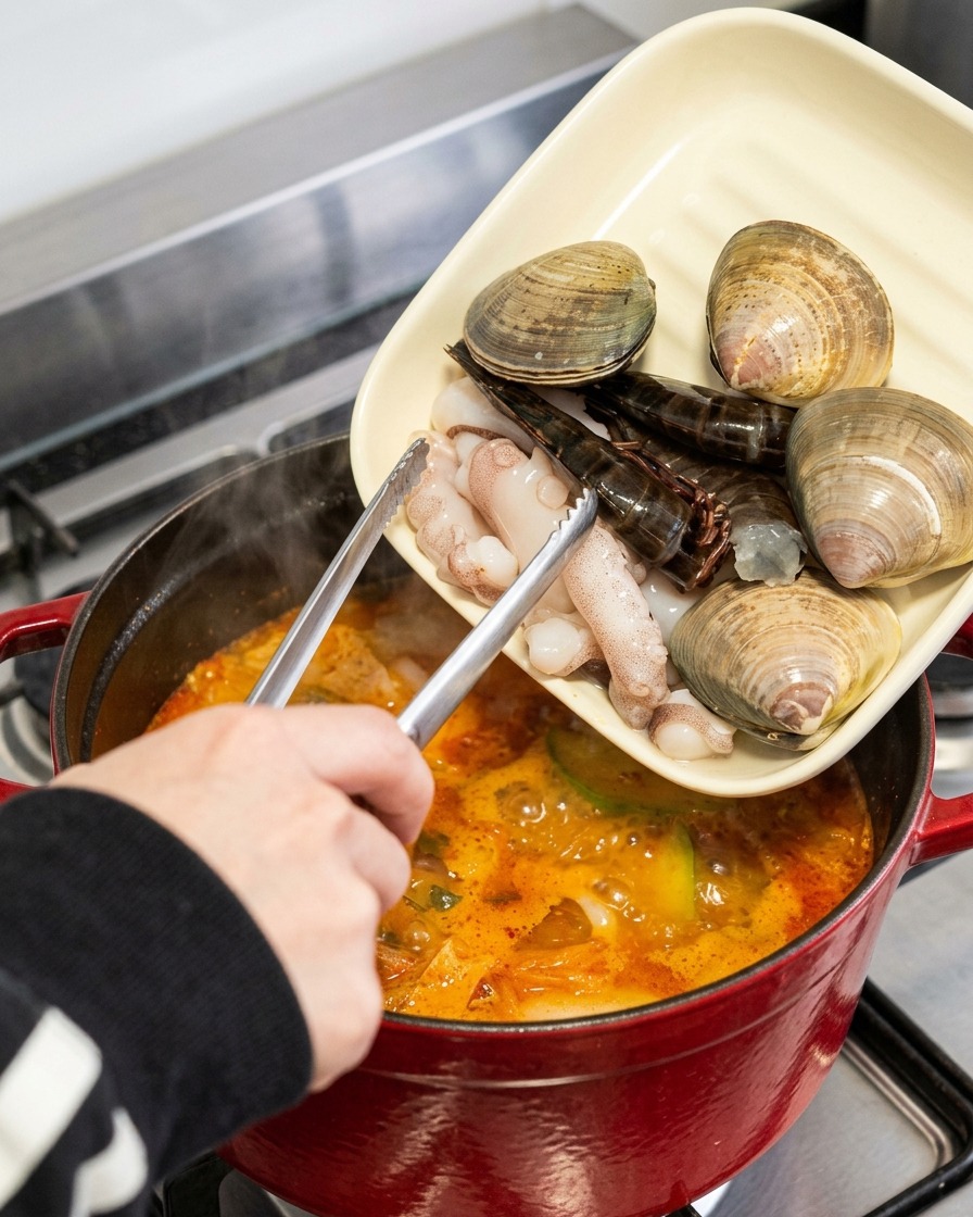 Usare le pinze per aggiungere vongole crude, gamberi interi e tentacoli di polpo da un piatto quadrato in uno stufato bollente.