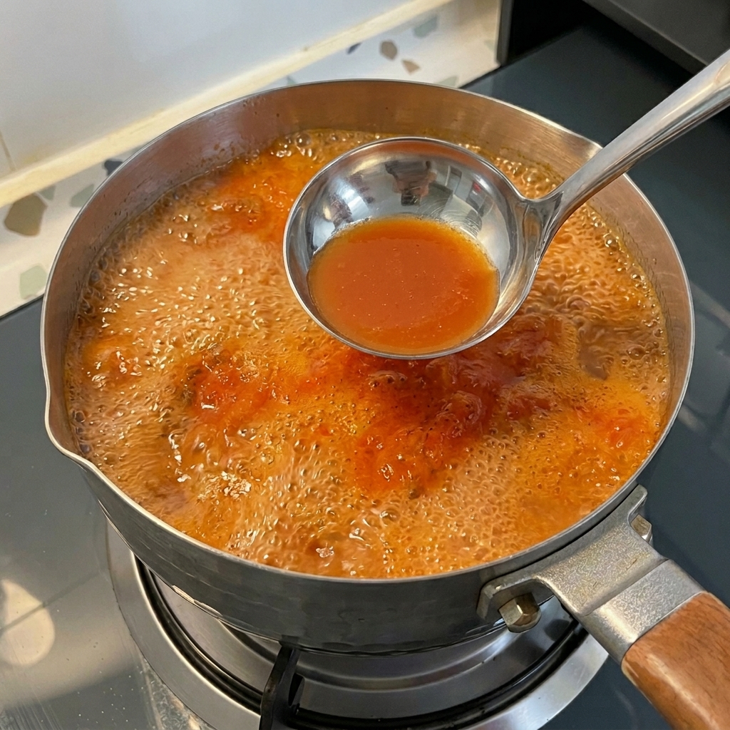 Un mestolo di metallo che rimuove la schiuma rosso-arancione dalla superficie di una zuppa coreana in ebollizione.