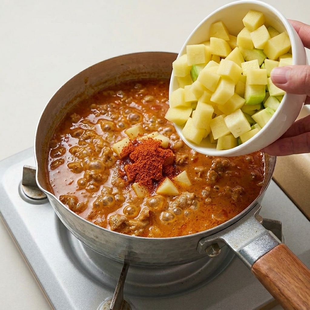 Cubetti di patate e zucchine crude aggiunti da una ciotola di ceramica bianca in una zuppa rossa che bolle.