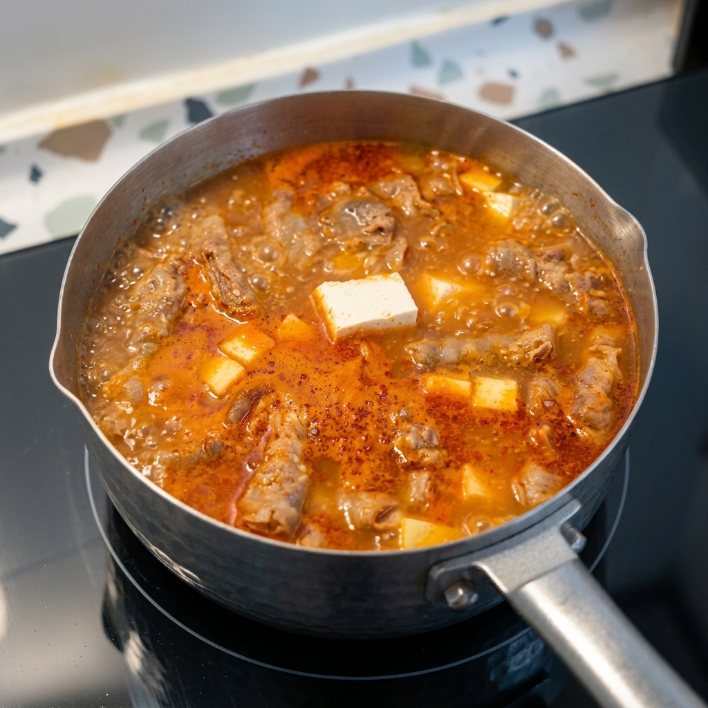 Pezzi rettangolari di tofu bianco che sobbollono insieme alle verdure in una zuppa coreana arancione.