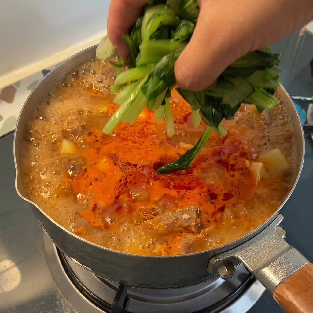 Una mano che adagia un mazzetto di bok choy verde brillante in una pentola di zuppa rossa in ebollizione.