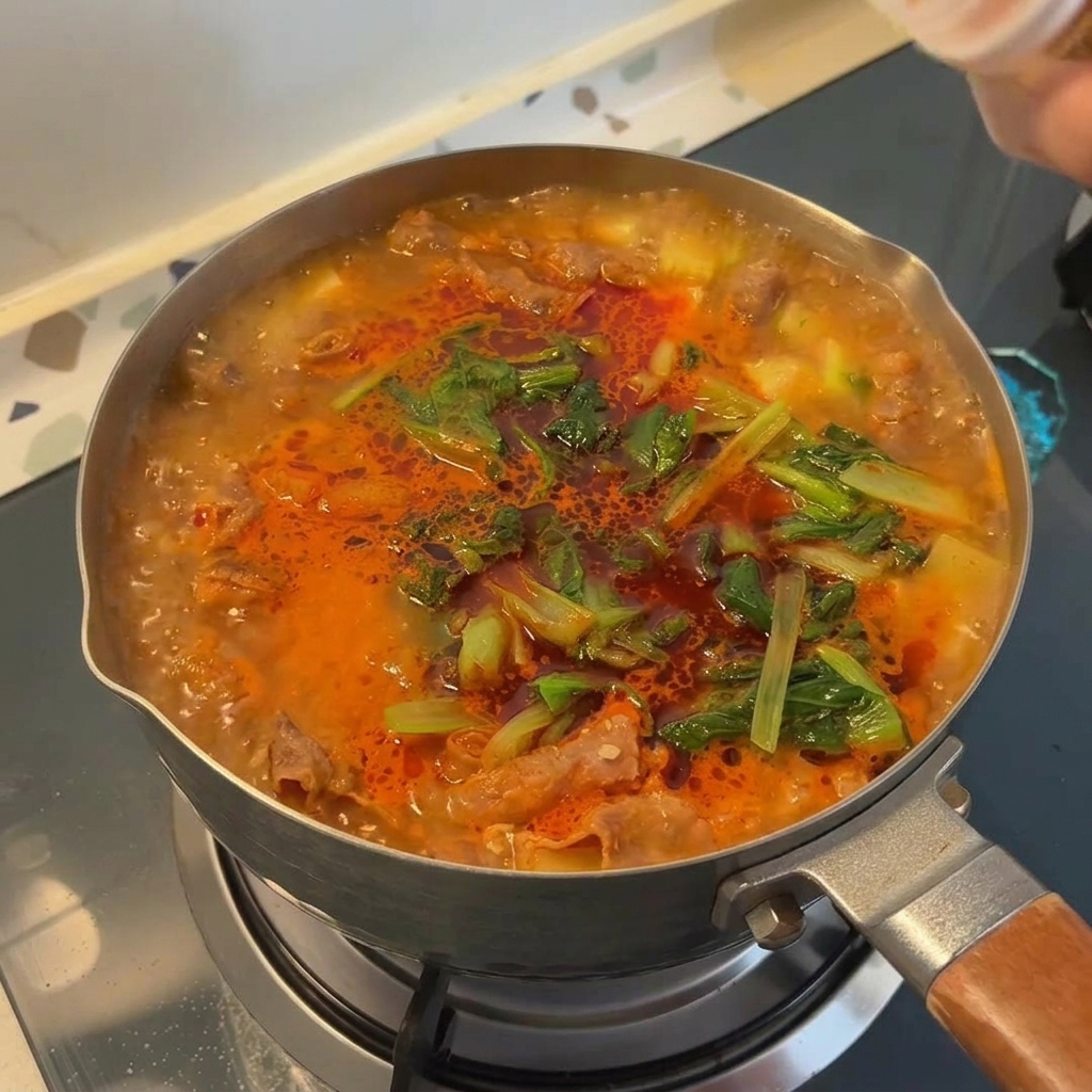 Una mano che spolvera dellinsaporitore al manzo in una zuppa coreana bollente ricca di verdure verdi.