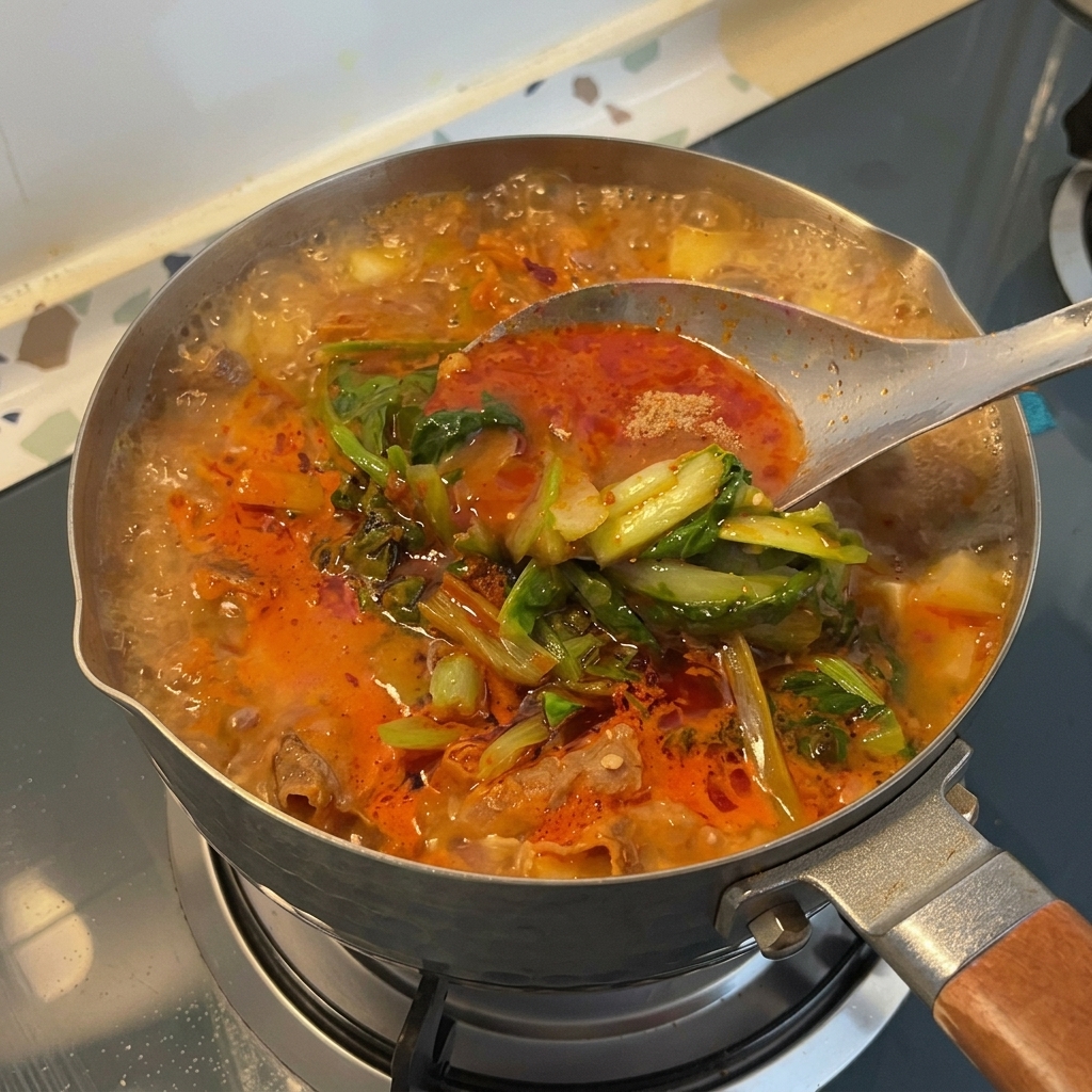 Un grande cucchiaio di metallo che mescola una zuppa coreana bollente guarnita con verdure verdi e olio piccante.