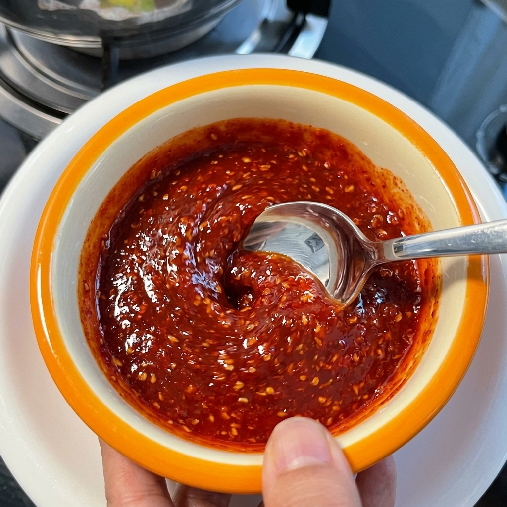 Un cucchiaio che mescola una salsa al peperoncino rossa e lucida con semi di sesamo in una piccola ciotola di ceramica.