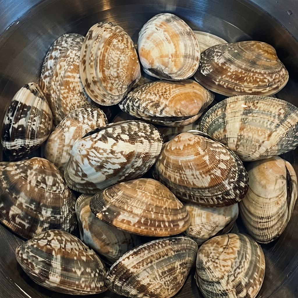 Vongole fresche intere immerse in una ciotola di acciaio inossidabile piena di acqua salata limpida.