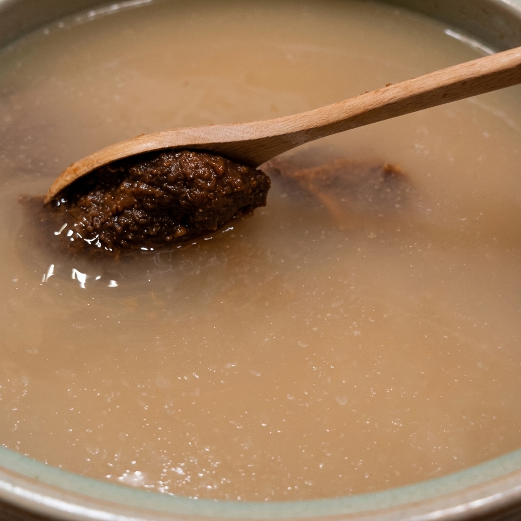 Un cucchiaio di legno con una porzione di pasta di soia coreana marrone scuro sopra una pentola di liquido opaco che sobbolle.