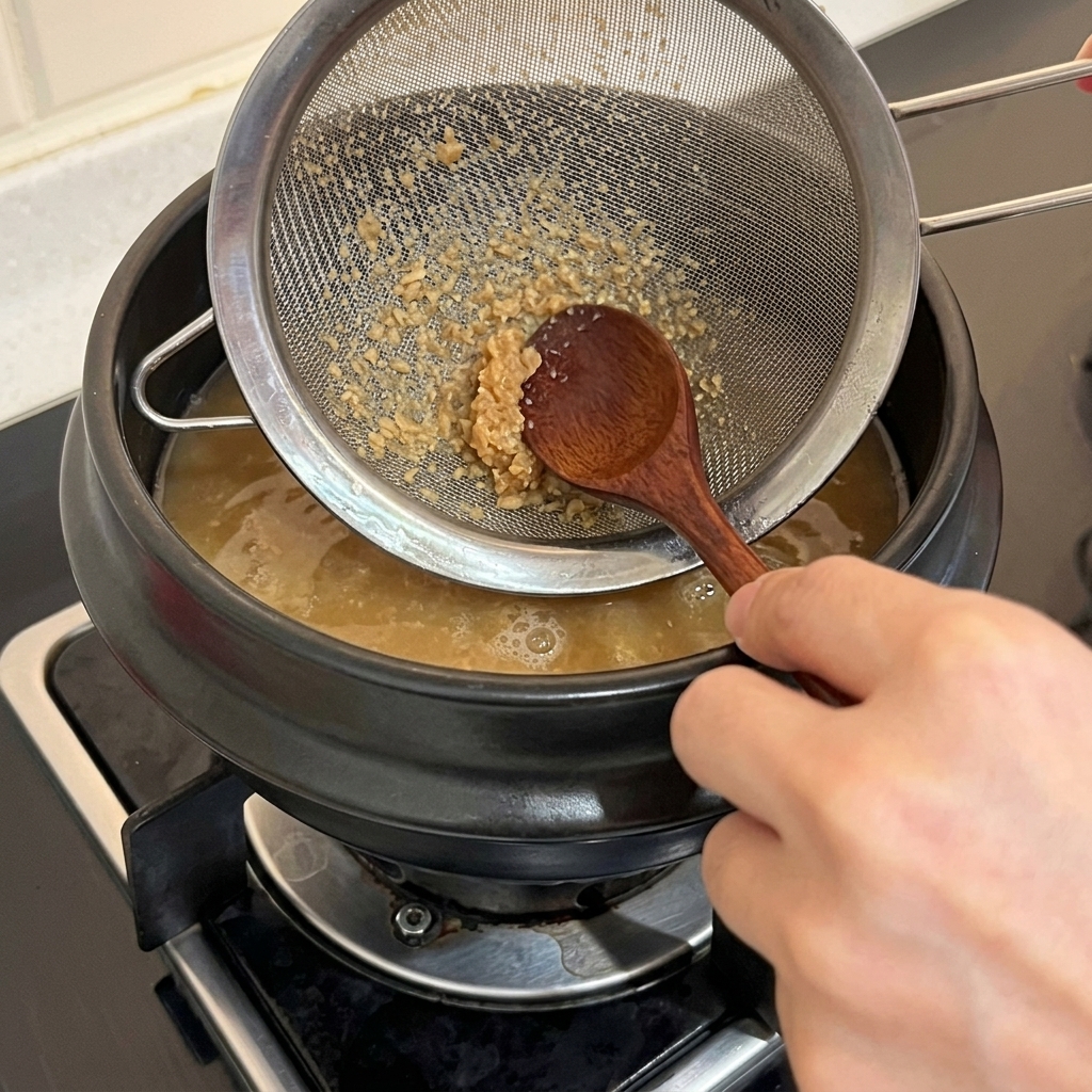 Una mano che usa un cucchiaio di legno per sciogliere la pasta di soia coreana attraverso un colino metallico sopra la pentola.