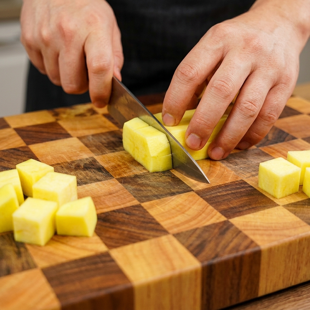 Uno chef che taglia una zucchina gialla a cubetti su un tagliere di legno a scacchi.