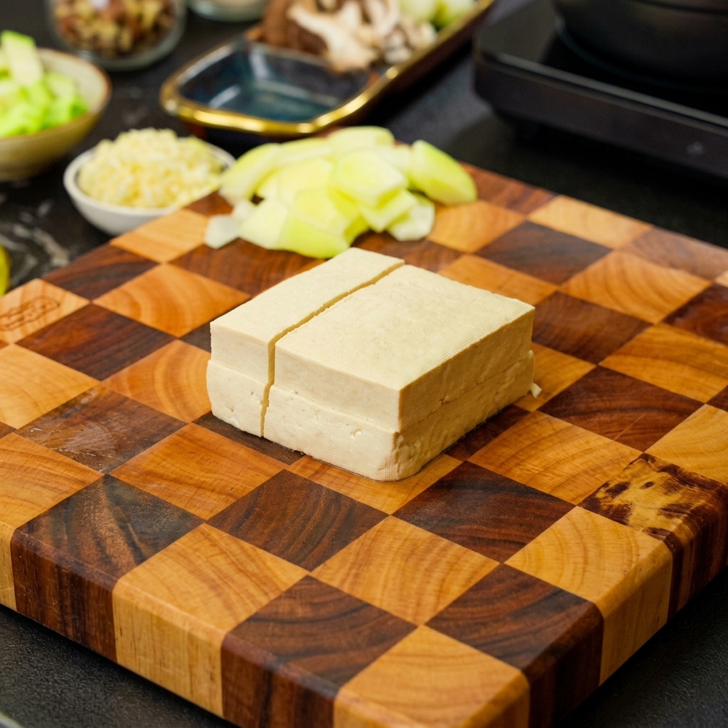 Un blocco di tofu bianco tagliato a fette su un tagliere di legno a scacchi.