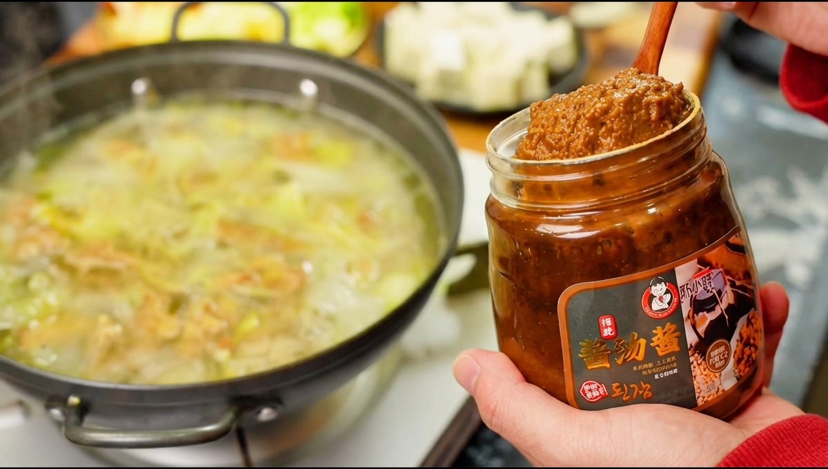 Un cucchiaio di legno con una generosa porzione di pasta di soia coreana accanto a un barattolo, con una pentola che bolle sullo sfondo.