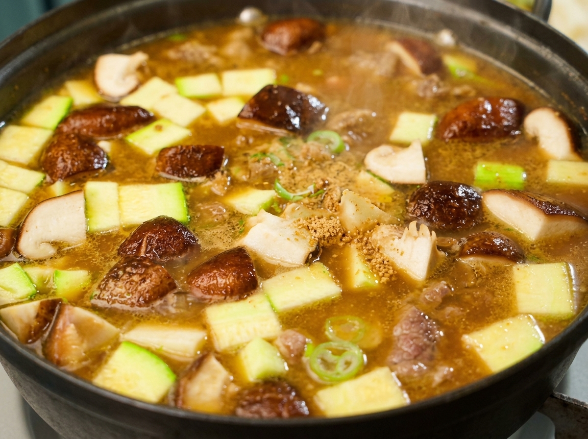 Un cucchiaio di aglio tritato e insaporitore di manzo in polvere aggiunti a una zuppa coreana di pasta di soia in ebollizione con zucchine e funghi shiitake.