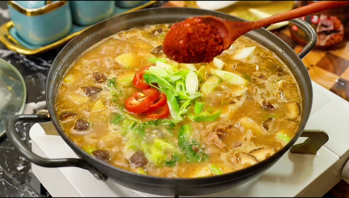 Un cucchiaio di legno che aggiunge una generosa dose di peperoncino rosso in polvere in una pentola di zuppa coreana bollente con manzo, funghi e peperoncini freschi.
