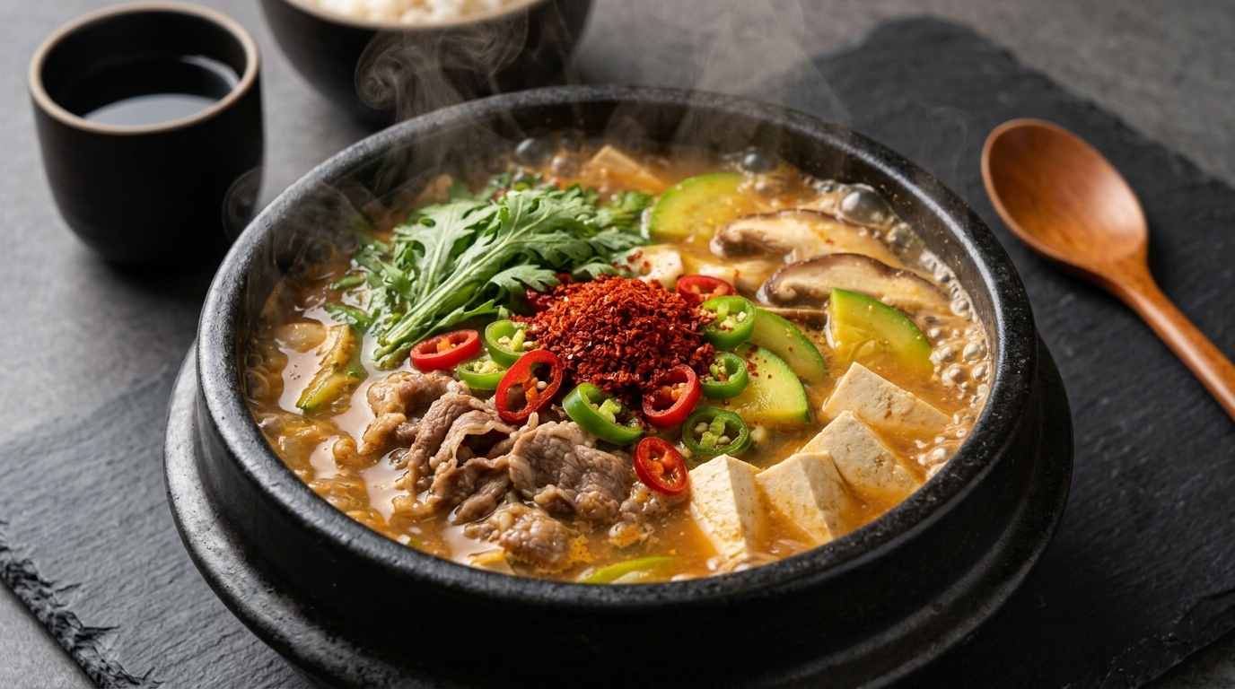 Autentica Zuppa Coreana di Pasta di Soia con Manzo (Doenjang Jjigae)